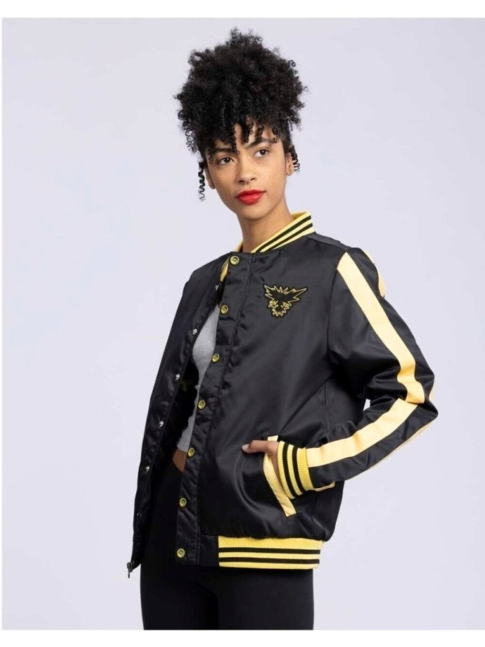 Pokemon Zapdos Snap button Insulated Adult Bomber Jacket - XS -Black /Yellow - Picture 4 of 12